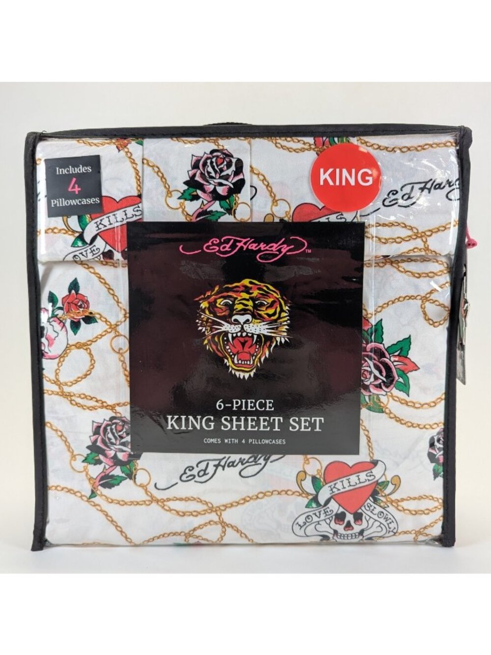 Ed Hardy King Sheet Set 6-Piece w/ 4 Pillowcases White Black Rose Skull - NEW